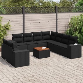 Set divani da giardino 10pz con cuscini in polyrattan nero