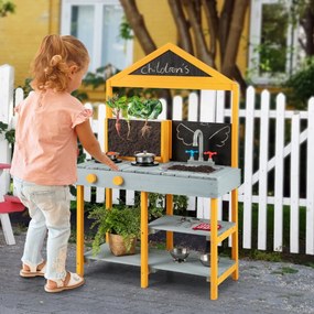 Costway Set cucina da gioco per bambini in legno con 2 lavagnette, Cucina da giardino con rubinetto girevole e accessori per bambini 3 anni