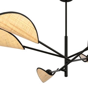 Lampadario 6 Luci Vene In Acciao Nero E Rattan Con Bracci Mobili