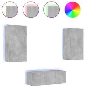 Mobili tv a muro con led 4pz grigio cemento legno multistrato