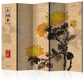 Paravento separè Crisantemi II (5-parti) - fiori romantici su sfondo di carta