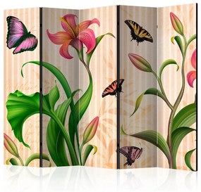 Paravento design Vintage - primavera II (5 pezzi) - composizione di piante e farfalle