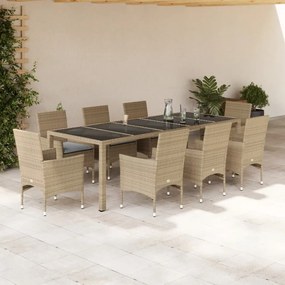 Set da pranzo da giardino 9 pz con cuscini polyrattan e vetro