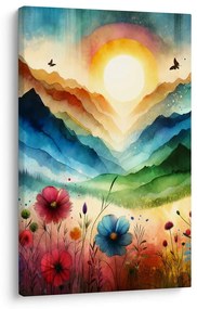 Quadro su tela – Paesaggio fiabesco con fiori e sole