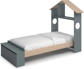 Letto da bambini a forma di casa di colore naturale/verde polveroso con effetto pino con contenitore con rete inclusa 90x190 cm Odessa – Marckeric
