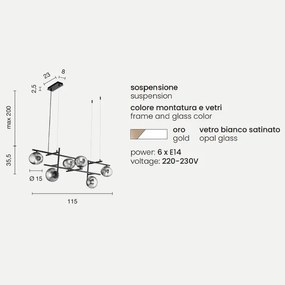 Lampada a sospensione JEWEL in metallo e vetro soffiato 6 Luci 115 cm Oro