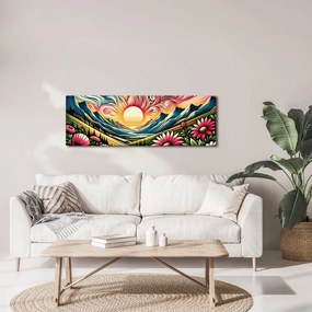 Quadro su tela – Paesaggio solare con fiori e montagne