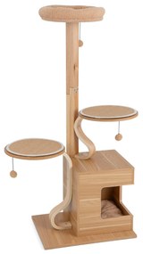 Costway Albero per gatti in legno con palo in legno massiccio struttura curva in compensato, Torre per gatti alta 129cm Naturale