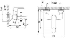 New line v2 miscelatore vasca tondo a muro con doccetta supporto e flessibile 150 cm cromo