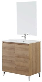 Mobile Bagno a Terra 80 Cm Due Ante Specchio a Filo 80x60 Cm Feridras "Revital" Rovere Di Bordeaux