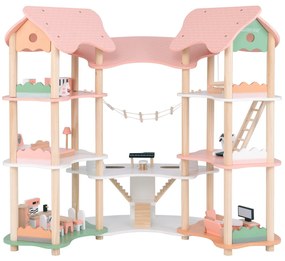 Costway Casa delle bambole in legno per bambini dai 3 agli 8 anni, Casa a 3 piani con 7 stanze e 32 accessori realistici Rosa