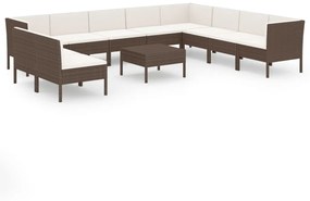 Set divani da giardino 11 pz con cuscini in polyrattan marrone