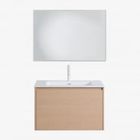 Set Mobili Da Bagno In Legno Jacob Con Lavabo Integrato Legno Naturale & Rectangular Led Y Antivaho (100x70) Tasmin & Bianco ↑20 Cm - Sklum