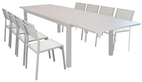 DEXTER - set tavolo in alluminio e teak cm 200/300 x 100 x 74 h con 8 sedie Aulus