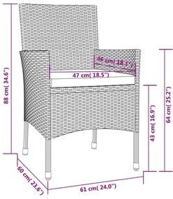 Set da Pranzo da Giardino 3 pz con Cuscini in Polyrattan Grigio