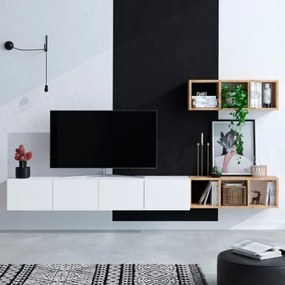 Mobile Porta TV Sospeso 215 Cm Bianco Con Mensole Effetto Legno Pia
