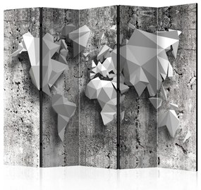 Paravento design Mappa del Mondo: Origami II (5 parti) - astrazione 3D bianco nero
