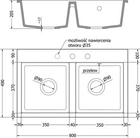 Mexen Hektor lavello da cucina in granito a 2 vasche 800 x 480 mm, nero punteggiato, sifone cromato - 6521802000-76