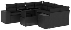 Set divani da giardino 9 pz con cuscini nero in polyrattan