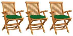 Sedie da giardino con cuscini verdi 3 pz in massello di teak