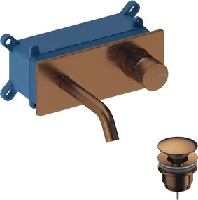 Rubinetto per lavabo Loop k monocomando a parete per lavabo bocca 14cm + corpo incasso + piletta di scarico + placa rettangolare rose gold brushed