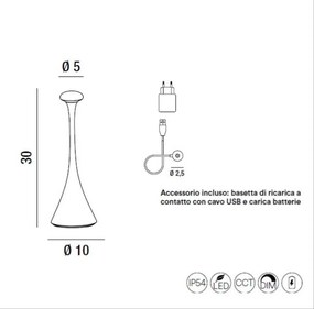 Lampada da tavolo ricaricabile a batterie in alluminio pressofuso verniciato a polvere per uso interno/esterno.