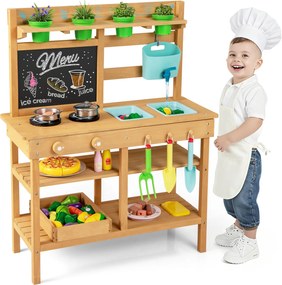 Costway Cucina in legno per bambini con rubinetto lavandini rimovibili lavagna fornelli, Cucina da gioco all'aperto manopole vasi fiori accessori 3+ anni