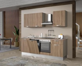Cucina montata Dora rovere chiaro, lavello a sinistra, L 240 cm, completa di: cappa a camino, piano cottura a induzione, forno, lavastoviglie