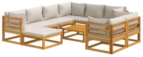 Set Salotto Giardino 10pz Cuscini Grigio Chiaro Legno Massello