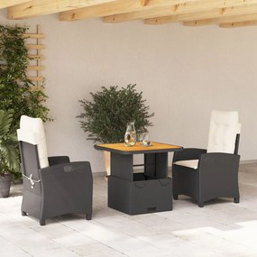 Set da pranzo da giardino 3 pz con cuscini nero in polyrattan