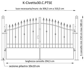 Cancello manuale battente Civetta in ferro, apertura centrale, L 308.5, H 165-195 cm, di colore ruggine