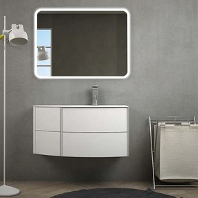 Mobile bagno Rio 90 Bianco opaco sospeso asimmetrico design curvo con specchio led, lavabo a destra