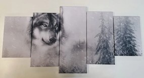 Quadri 5 pezzi – Lupo nel paesaggio innevato in bianco e nero