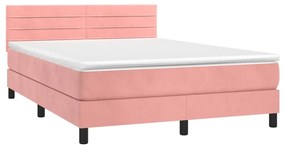 Letto a molle con materasso e led rosa 140x190 cm in velluto