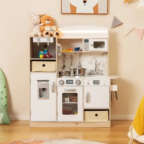 Costway Cucina giocattolo per bambini con luci led regolabili colorate, Cucina giocattolo cesti di stoffa rimovibili e scaffali Bianco