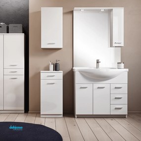 Mobile Bagno A Terra "Classica" Da 75 Cm Composto Da Due Ante E Tre Cassetti Lavabo E Specchio Con Faretti Led Finitura Bianco Lucido