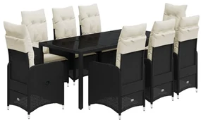 Set bistrò da giardino 9 pz con cuscini in polyrattan nero