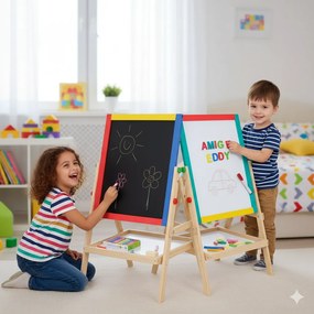 Lavagna per Bambini Magnetica e Tradizionale con Cavalletto in Legno H65 Kids Joy...