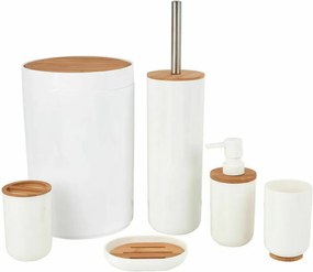Alpina - Set da Bagno in Legno Bamboo e Plastica Bianco e Naturale 6pz con Portascopino