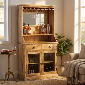 STILLER - mobile in legno di mango con 2 ante, 2 cassetti e porta bicchieri