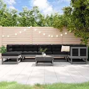 Set Divani da Giardino 8pz con Cuscini in Legno Massello Grigio