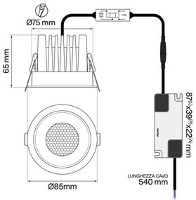 Faro da Incasso Nero 12W Foro Ø75mm CCT 15°-55° con driver Philips Colore Bianco Variabile CCT
