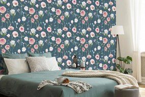 Carta da parati – Fiori romantici su sfondo blu