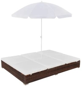 Lettino Prendisole con Ombrellone in Polyrattan Marrone