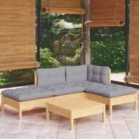 Set Divani da Giardino 5 pz con Cuscini Grigi Massello di Pino cod mxl 71824