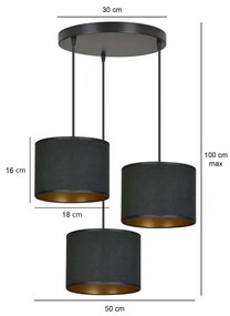 Lampadario Tondo 3 Luci Hilde In Acciaio Nero E Paralumi In Tessuto Nero