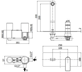 Paffoni Tango TA105 Miscelatore lavabo a muro ad incasso 2 Fori con piastra e bocca 20 cm scromo