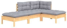 Set divani da giardino 4 pz con cuscini grigi massello di pino