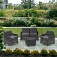 Set salotto da esterno Dbalestrer, Composizione da giardino con 2 poltrone, 1 divano e 1 tavolino contenitore, Effetto rattan con cuscini, 100% Made in Italy, Antracite