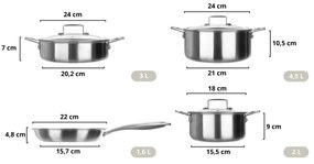 Batteria pentole 7 pezzi in acciaio 3 strati Tri - ply